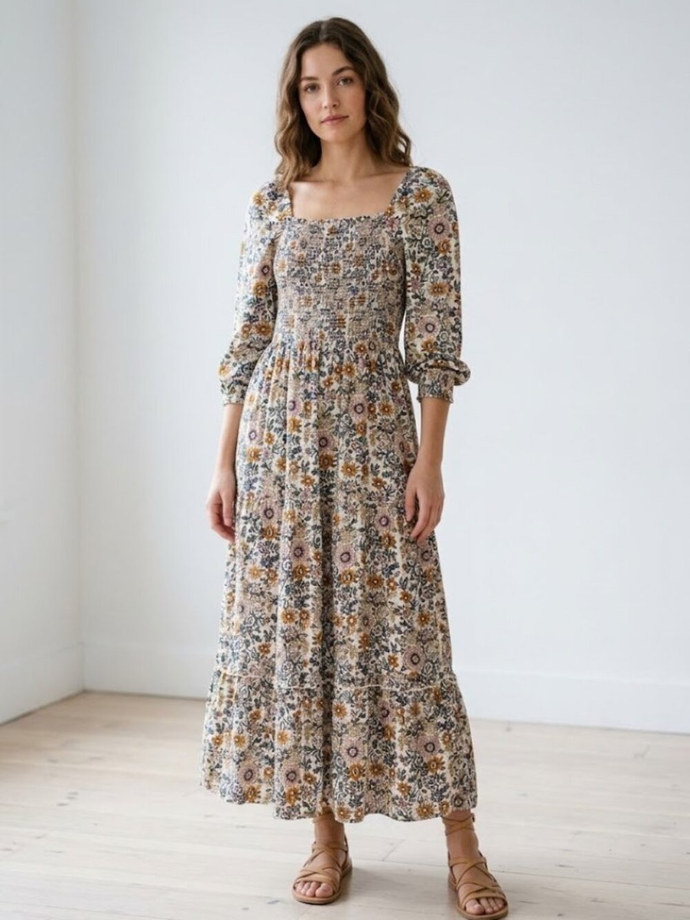 Natural Life Floral Smocked Bodice Tiered Maxi Dress Long Sleeve Size: XS